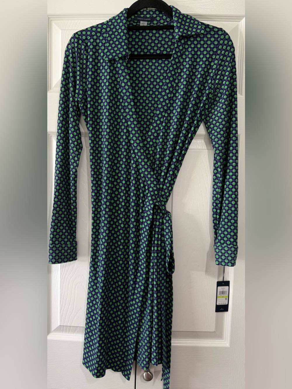 Tommy Hilfiger NWT Wrap Dress Size 4 Blue Green Geometric Long Sleeve